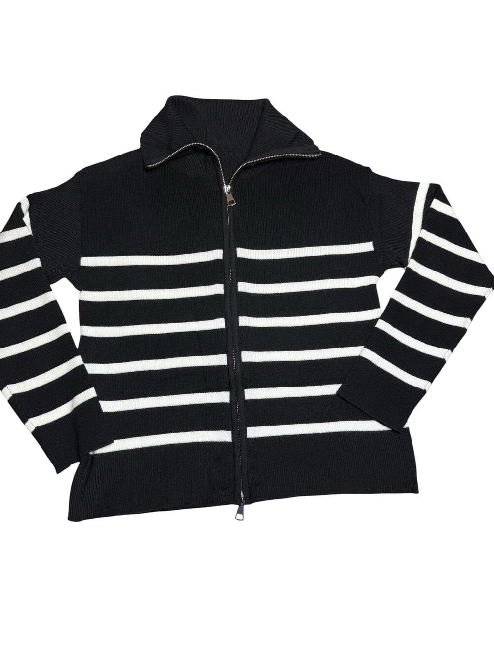 Bsubseach Cardigan Sweater NWOT Women Striped Double Zipper Black White Medium